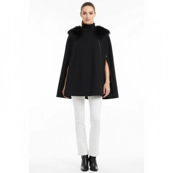 BCBG Black Ryder Fur Trim Vintage Look Pancho Cape Coat S - Picture 9 of 9